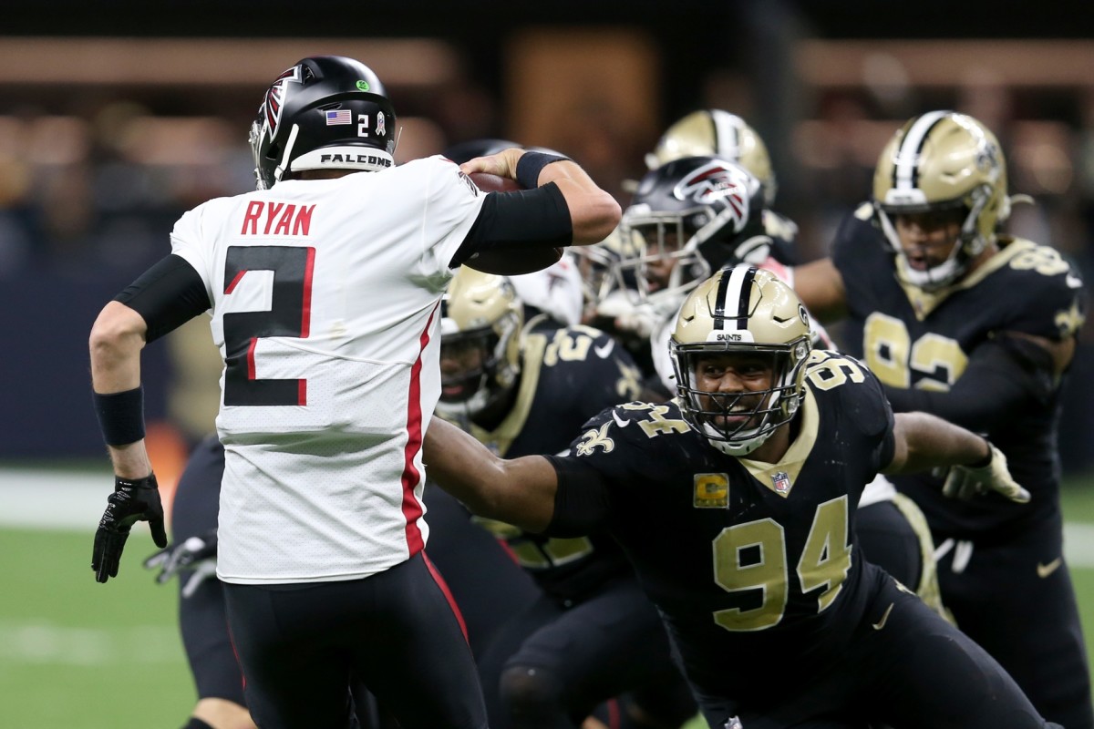 Falcons quarterback Matt Ryan (2) is sacked by New Orleans Saints defensive end Cameron Jordan (94). Mandatory Credit: Chuck Cook-USA TODAY 