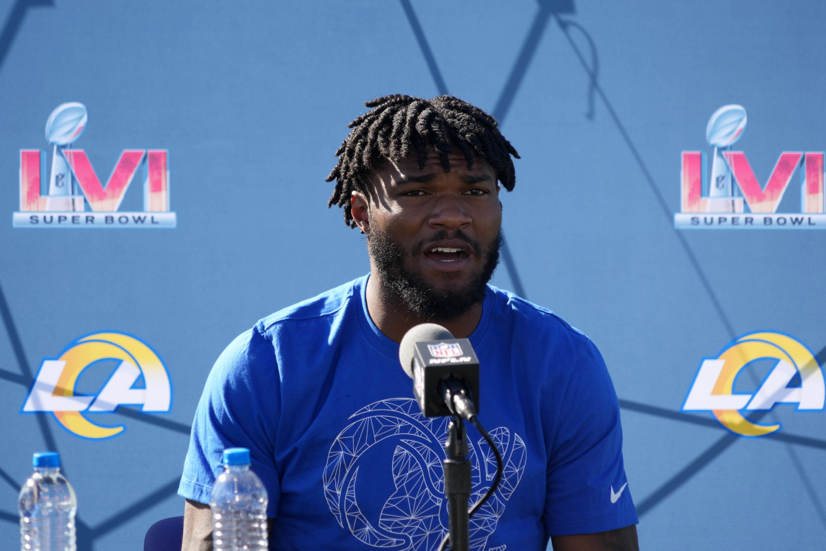 Feb 11, 2022; Thousand Oaks, CA, USA; Los Angeles Rams running back Cam Akers during press conference at Cal Lutheran University. Mandatory Credit: Kirby Lee-USA TODAY