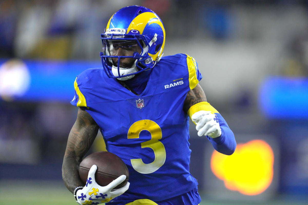 Jan 17, 2022; Inglewood, California, USA; Los Angeles Rams wide receiver Odell Beckham Jr. (3) carries the ball against the Arizona Cardinals during the first half of an NFC Wild Card playoff football game at SoFi Stadium. Mandatory Credit: Kirby Lee-USA TODAY Sports