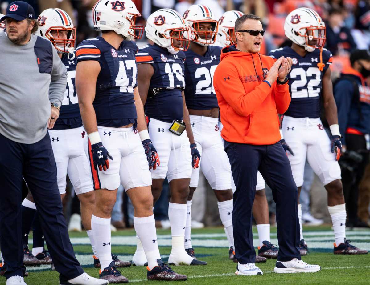 Auburn Tigers head coach Bryan Harsin during warm ups before Auburn Tigers take on Alabama Crimson Tide at Jordan-Hare Stadium in Auburn, Ala., on Saturday, Nov. 27, 2021.