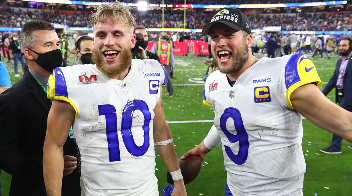 Cooper Kupp and Matthew Stafford celebrate at Super Bowl LVI.