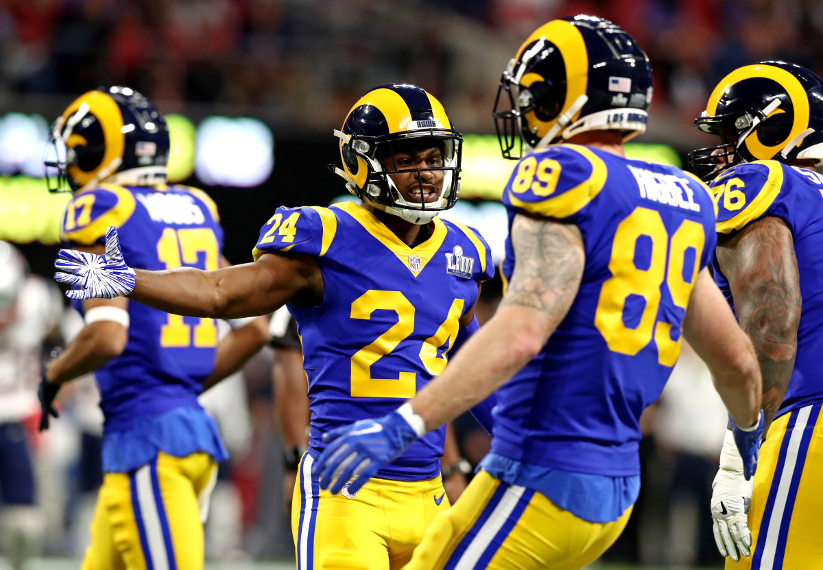 Feb 3, 2019; Atlanta, GA, USA; Los Angeles Rams cornerback Blake Countess (24) celebrates with Los Angeles Rams tight end Tyler Higbee (89) during the first quarter against the New England Patriots in Super Bowl LIII at Mercedes-Benz Stadium. Mandatory Credit: Matthew Emmons-USA TODAY Sports