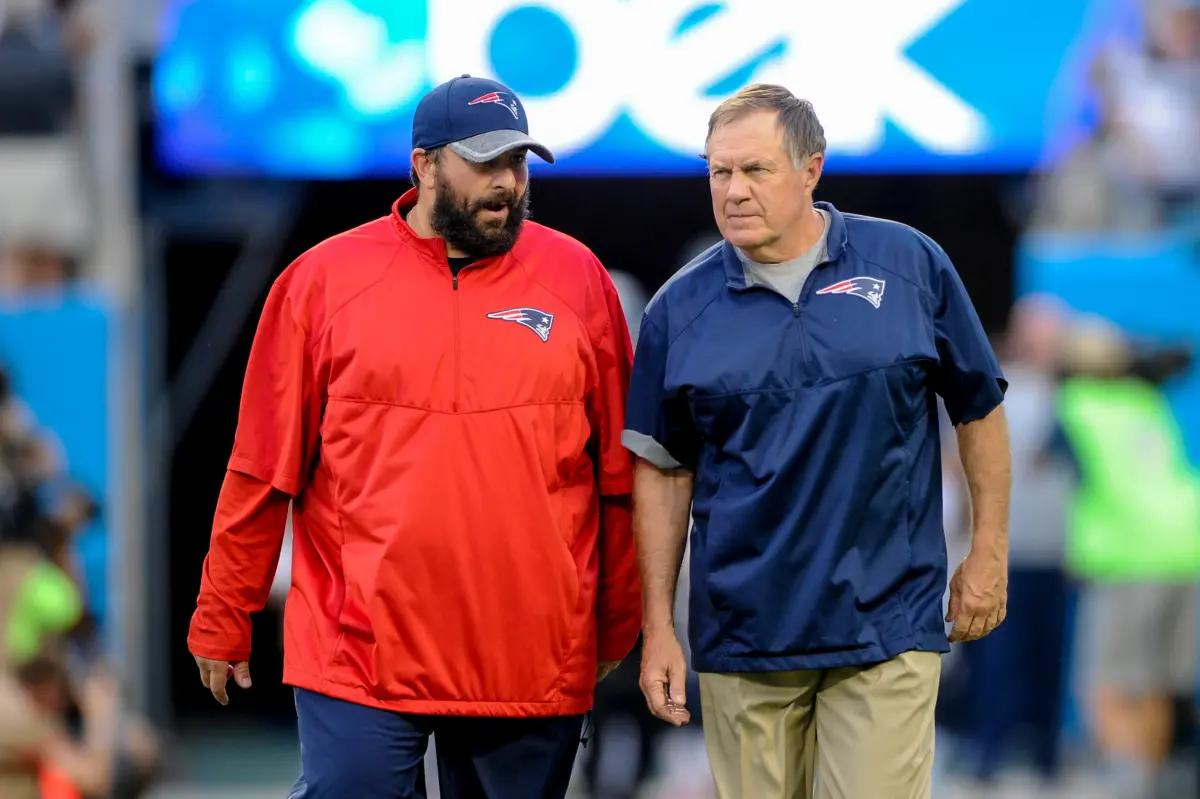 Patriots’ Coaches Matt Patricia (left), Bill Belichick