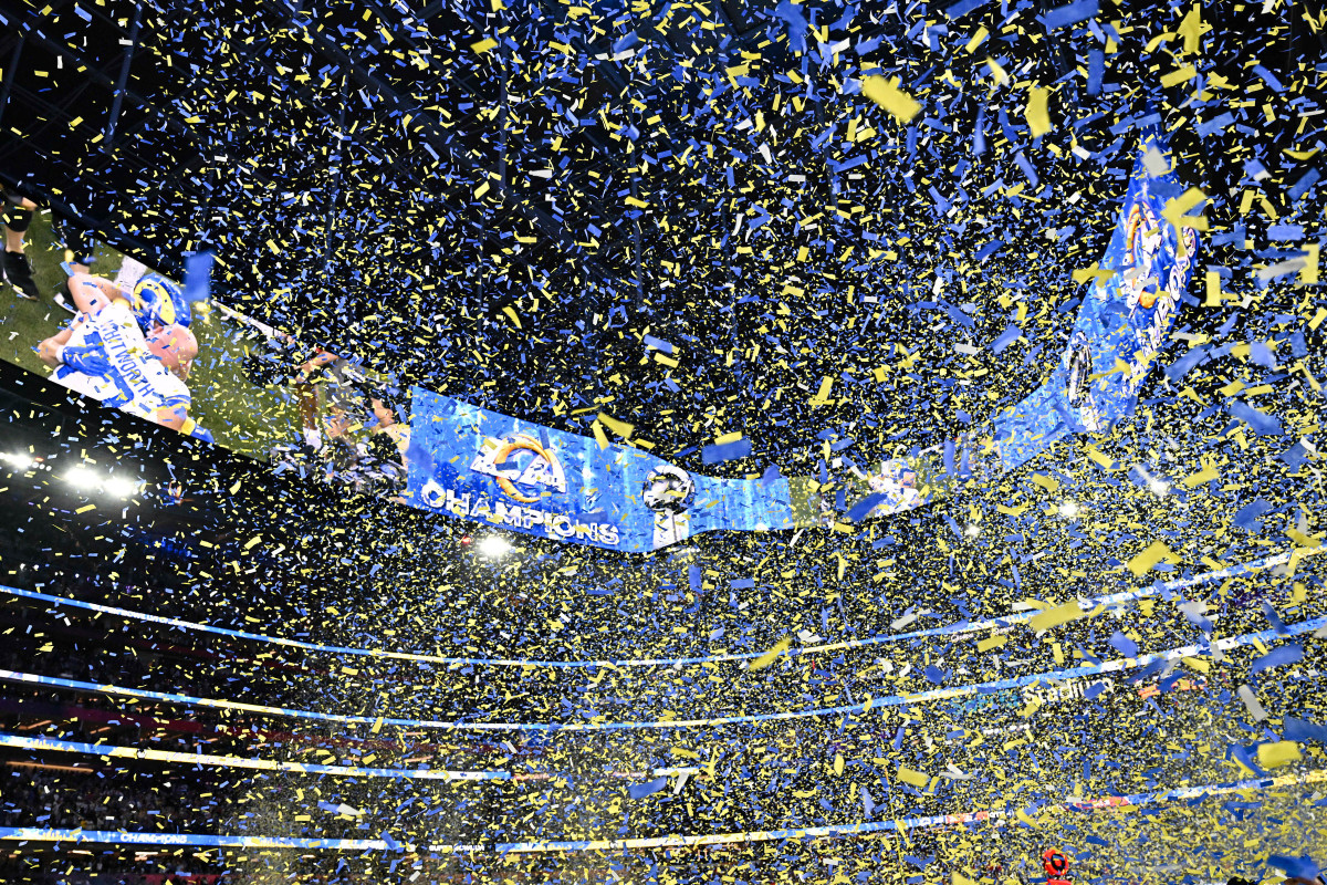 Yellow-and-blue confetti raining down after L.A. Rams win Super Bowl LVI