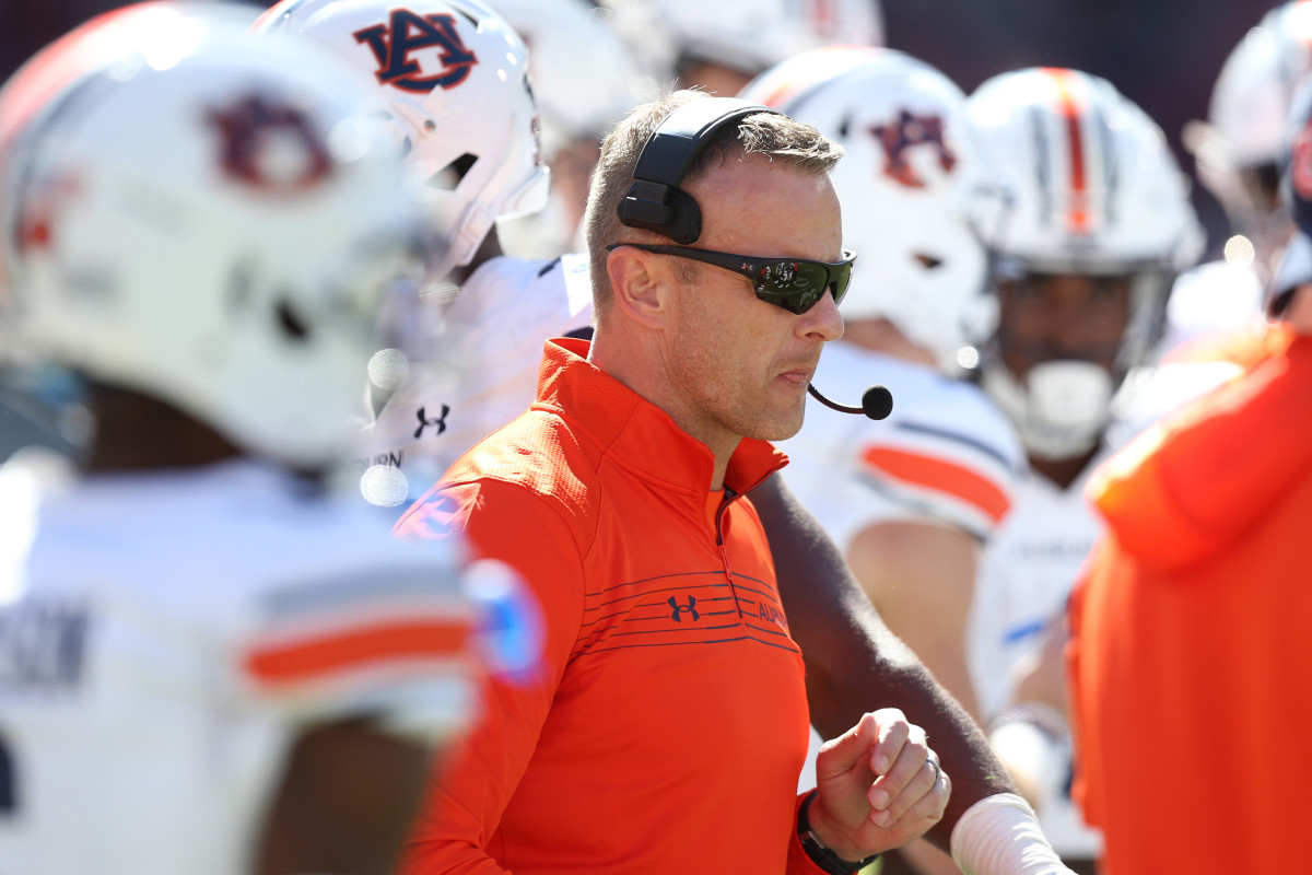 Oct 16, 2021; Fayetteville, Arkansas, USA; Auburn Tigers head coach Bryan Harsin during the fourth quarter against the Arkansas Razorbacks at Donald W. Reynolds Razorback Stadium. Auburn won 38-23. Mandatory Credit: Nelson Chenault-USA TODAY Sports