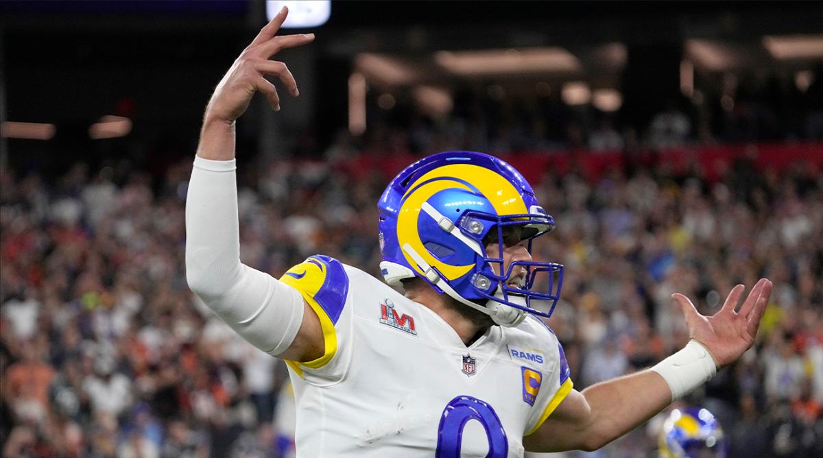 Los Angeles Rams quarterback Matthew Stafford (9) reacts to pass interference in the end zone against the Cincinnati Bengals during the second half of Super Bowl LVI.