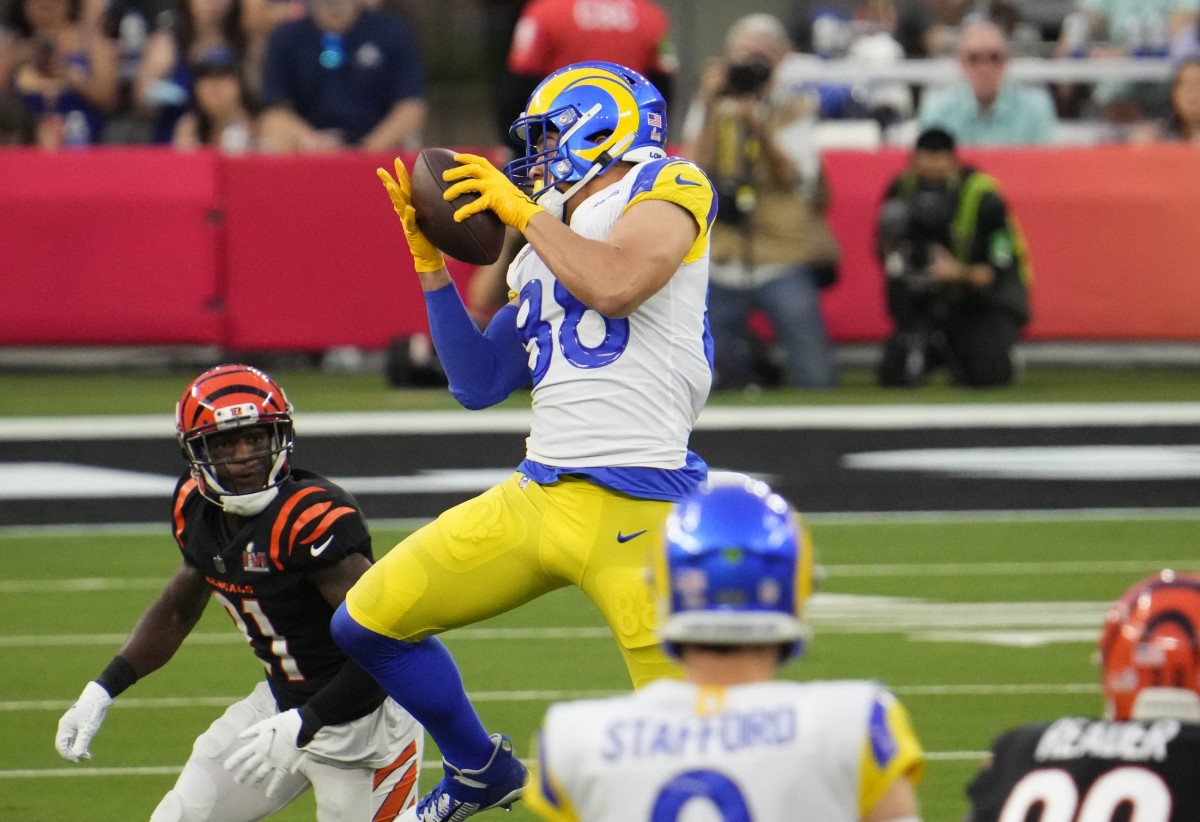 Los Angeles Rams tight end Brycen Hopkins made four catches in the Super Bowl, including two on the final game-winning drive. (USA TODAY Sports)