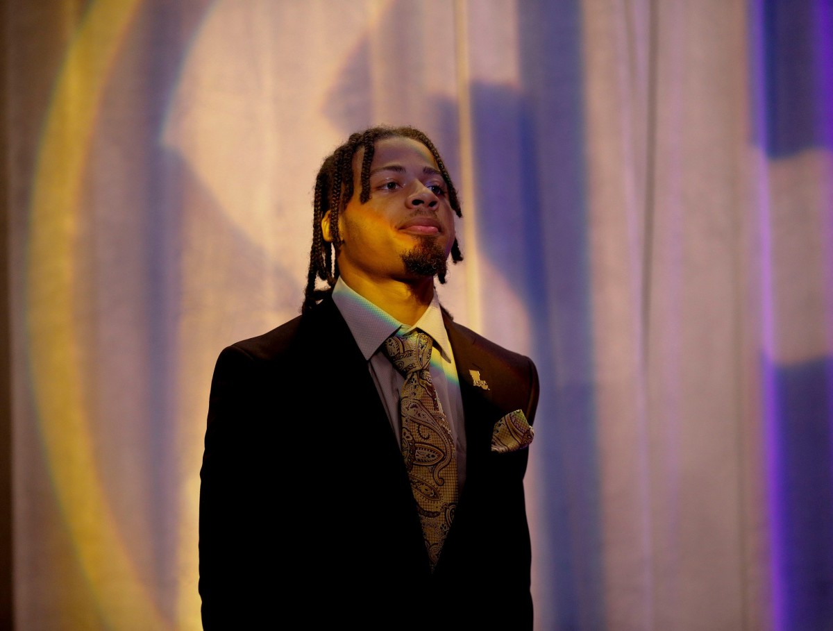 LSU defensive back Derek Stingley Jr. leaves the main media room at SEC Media Days in the Hyatt Regency in Hoover, Ala., Monday, July 19, 2021.