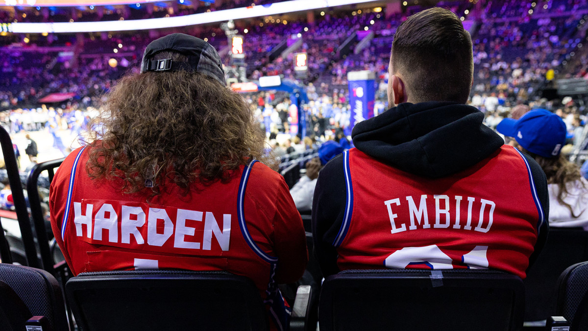 Fans wear Philadelphia 76ers James Harden and Joel Embiid jerseys before the game against the Oklahoma City Thunder.