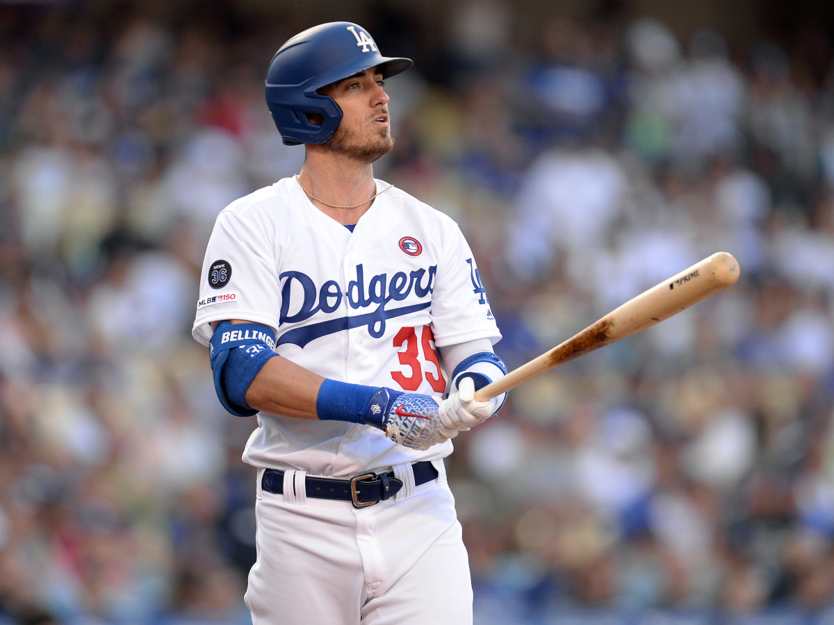 July 4, 2019; Los Angeles, CA, USA; Los Angeles Dodgers right fielder Cody Bellinger (35) during an at bat against the San Diego Padres during the second inning at Dodger Stadium.