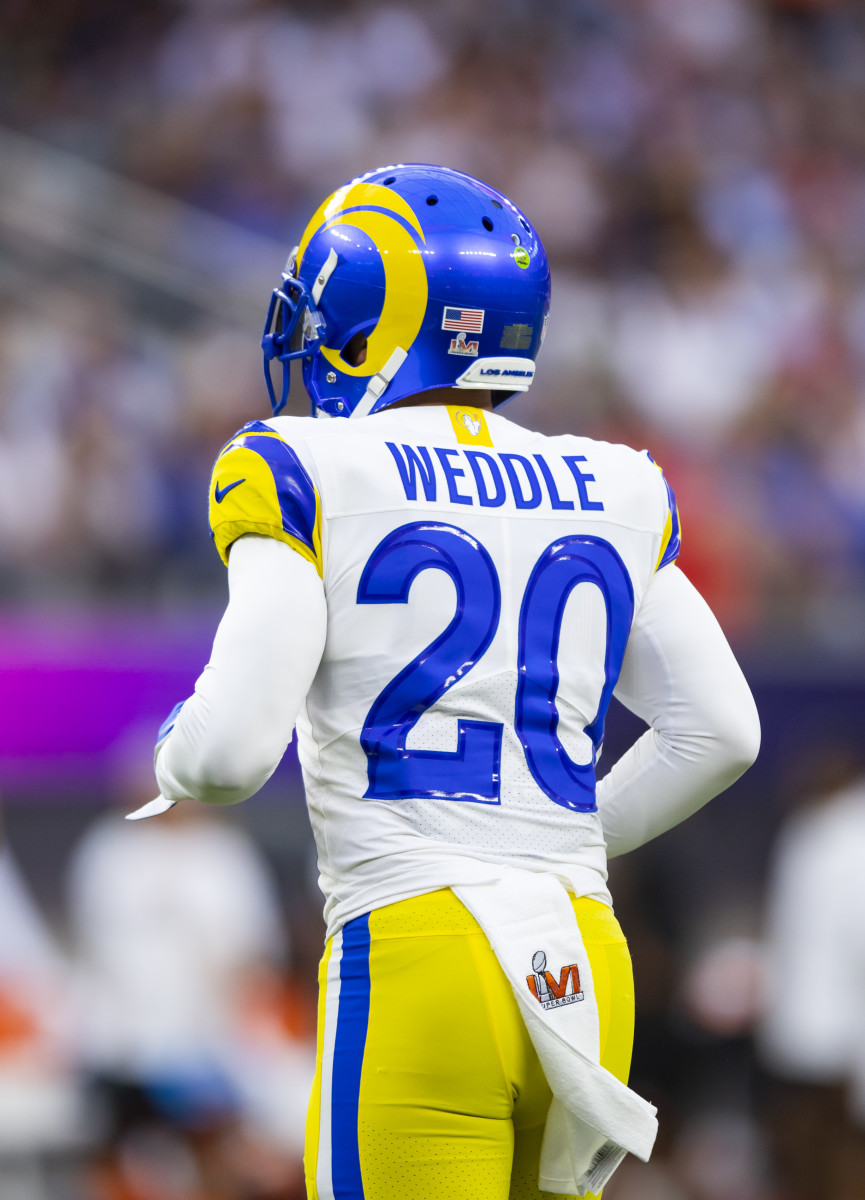Feb 13, 2022; Inglewood, CA, USA; Detailed view of the jersey of Los Angeles Rams safety Eric Weddle (20) against the Cincinnati Bengals in Super Bowl LVI at SoFi Stadium. Mandatory Credit: Mark J. Rebilas-USA TODAY Sports