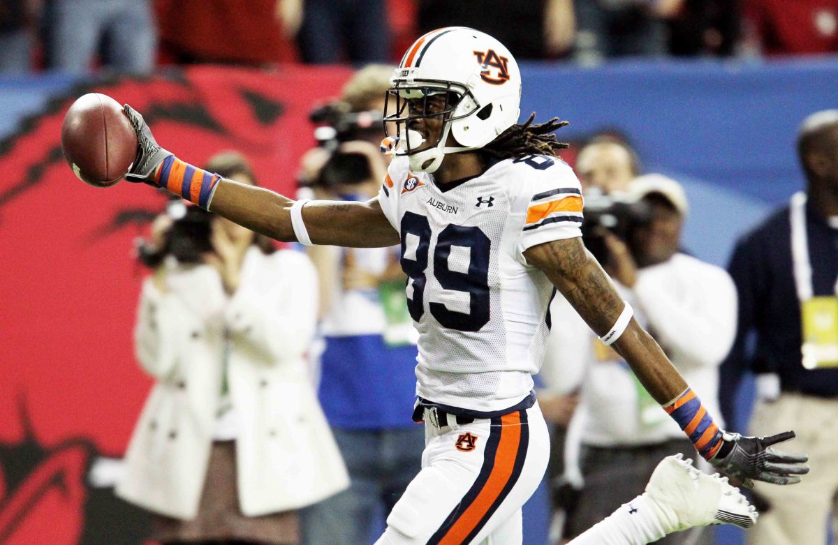 Dec 4, 2010; Atlanta, GA, USA; Auburn Tigers wide receiver Darvin Adams (89) celebrates a touchdown during the 2010 SEC championship game against the South Carolina Gamecocks at the Georgia Dome. Mandatory Credit: Marvin Gentry-USA TODAY SportsE