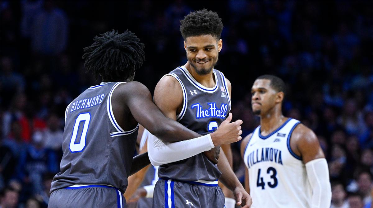 Seton Hall's Tray Jackson, center, celebrates with Kadary Richmond after Jackson scored a 3-pointer during the second half of an NCAA college basketball game against Villanova, Saturday, Feb. 12, 2022, in Philadelphia.