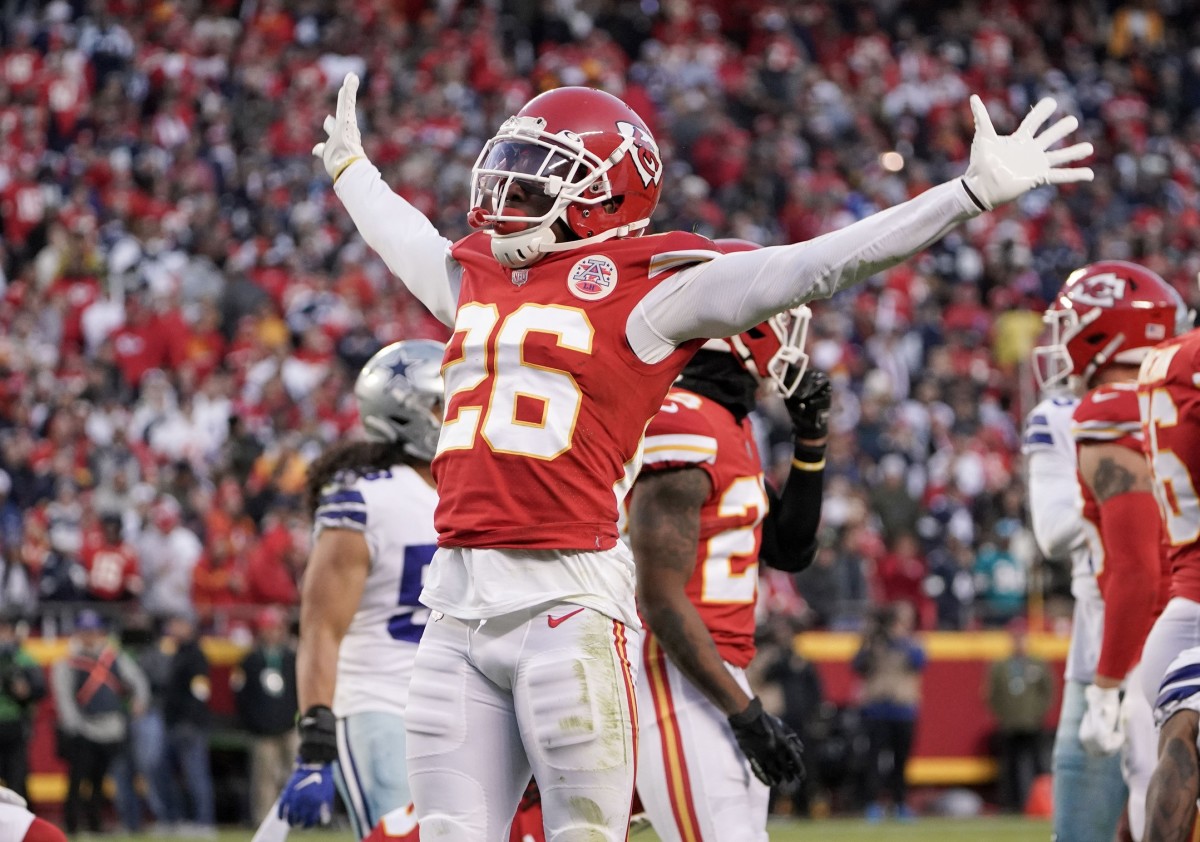 Nov 21, 2021; Kansas City, Missouri, USA; Kansas City Chiefs defensive back Chris Lammons (26) celebrates after a play against the Dallas Cowboys during the game at GEHA Field at Arrowhead Stadium. Mandatory Credit: Denny Medley-USA TODAY Sports