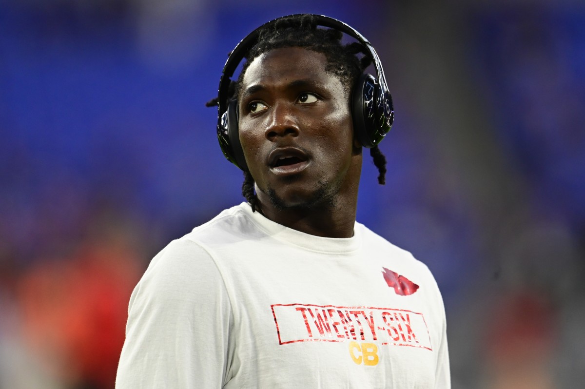 Sep 19, 2021; Baltimore, Maryland, USA; Kansas City Chiefs cornerback Chris Lammons (26) before the game against the Baltimore Ravens at M&T Bank Stadium. Mandatory Credit: Tommy Gilligan-USA TODAY Sports