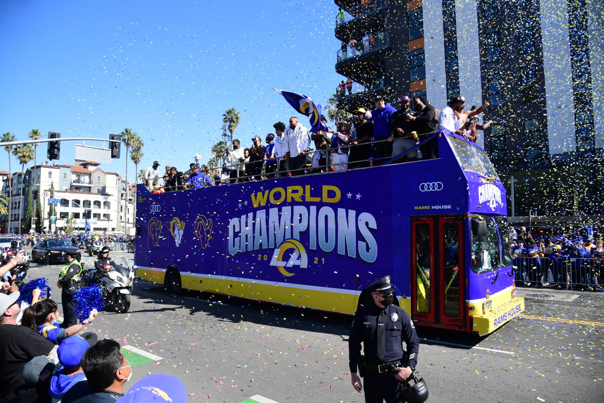Feb 16, 2022; Los Angeles, CA, USA; the Los Angeles Rams celebrate during the championship victory parade. Mandatory Credit: Gary A. Vasquez-USA TODAY Sports