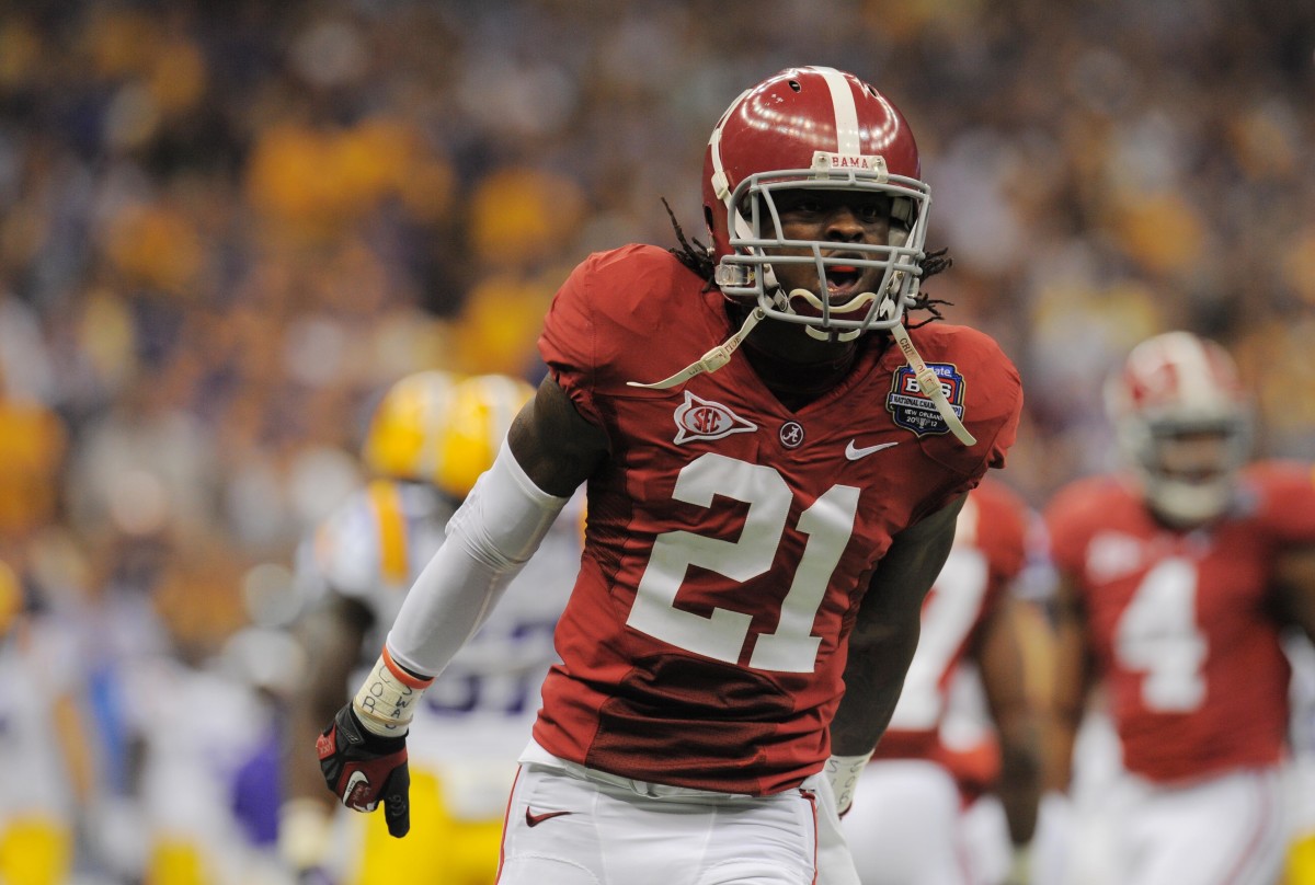 Alabama Crimson Tide defensive back Dre Kirkpatrick (21) reacts during the second half of the 2012 BCS National Championship game against the LSU Tigers at the Mercedes-Benz Superdome.