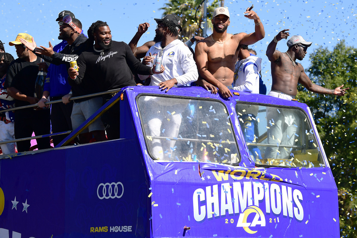 Feb 16, 2022; Los Angeles, CA, USA; Los Angeles Rams players celebrateduring the championship victory parade. Mandatory Credit: Gary A. Vasquez-USA TODAY Sports