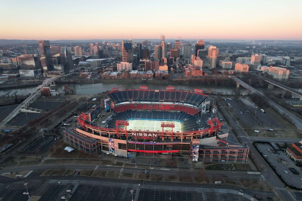 A general overall aerial view of Nissan Stadium and the downtown skyline.