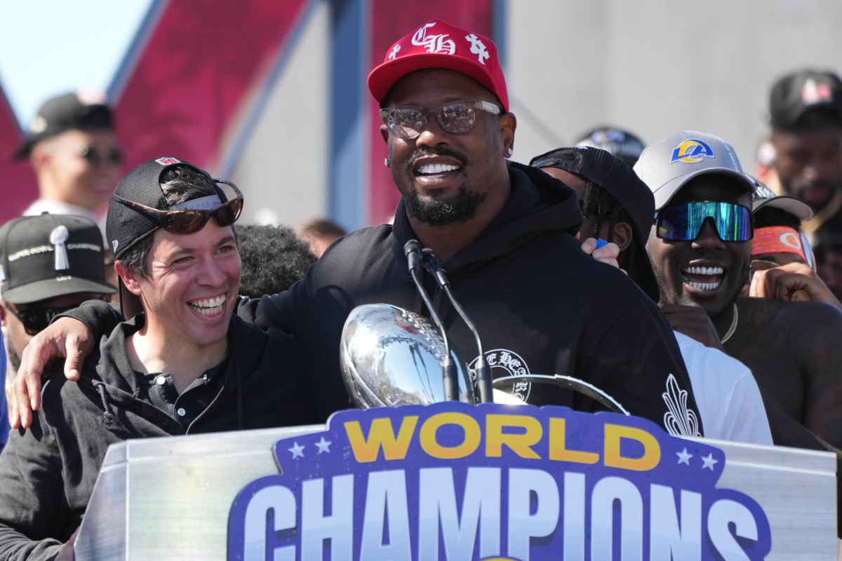 Feb 16, 2022; Los Angeles, CA, USA; Los Angeles Rams linebacker Von Miller holds the Vince Lombardi trophy during the Super Bowl LVI championship rally at the Los Angeles Memorial Coliseum. Mandatory Credit: Kirby Lee-USA TODAY Sports