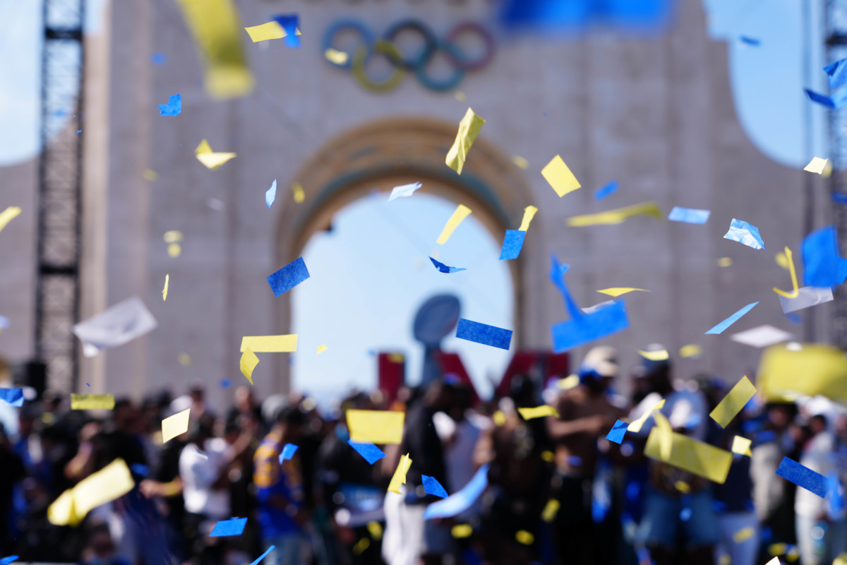 Feb 16, 2022; Los Angeles, CA, USA; Confetti falls during the Los Angeles Rams Super Bowl LVI championship rally at the Los Angeles Memorial Coliseum. Mandatory Credit: Kirby Lee-USA TODAY Sports