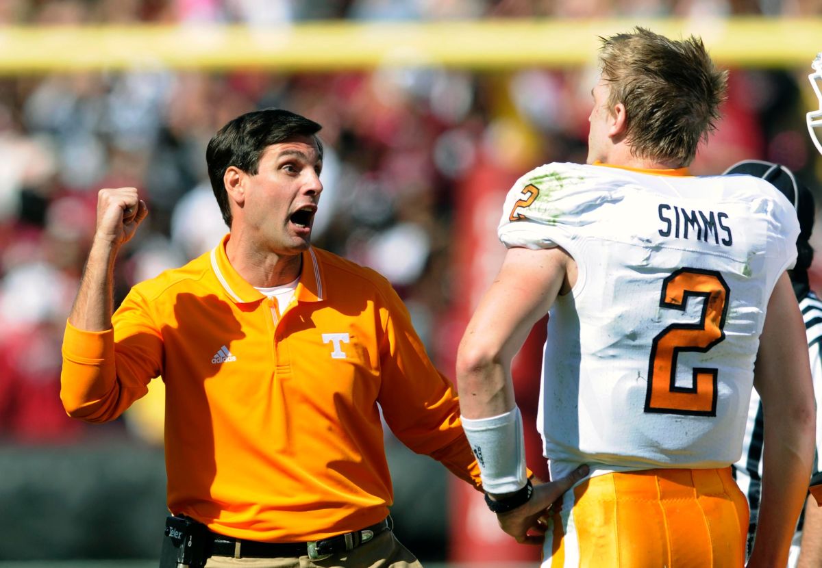 Tennessee head coach Derek Dooley was not pleased with quarterback Matt Simms (2) during the first half Saturday, Oct. 30, 2010 against the South Carolina Gamecocks in Williams-Brice Stadium in Columbia, S.C.