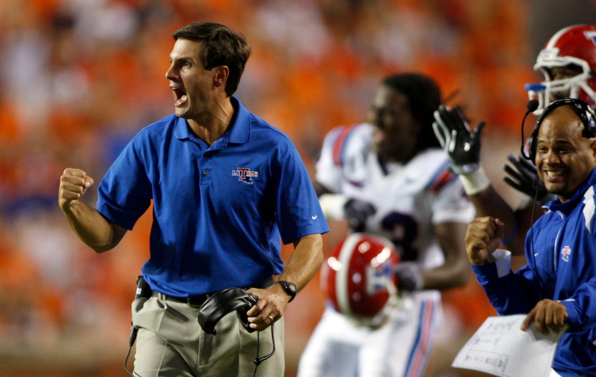 Louisiana Tech Bulldogs head coach Derek Dooley reacts to a play during the second half against the Auburn Tigers at Jordan-Hare Stadium in Auburn.