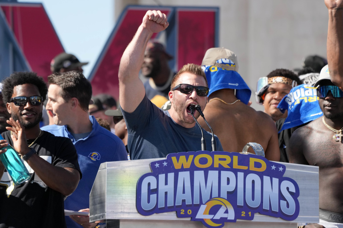 Feb 16, 2022; Los Angeles, CA, USA; Los Angeles Rams coach Sean McVay during the Super Bowl LVI championship rally at the Los Angeles Memorial Coliseum. Mandatory Credit: Kirby Lee-USA TODAY Sports