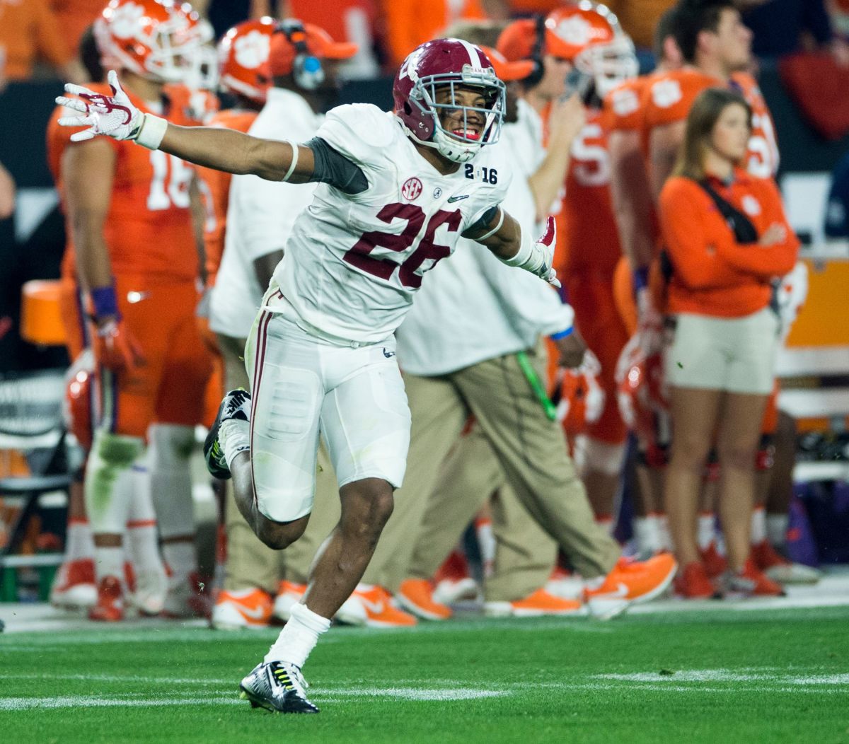 Alabama defensive back Marlon Humphrey (26) celebrates a successful onside kick in the College Football Playoff Championship Game on Monday January 11, 2016 at University of Phoenix Stadium in Glendale, Az.