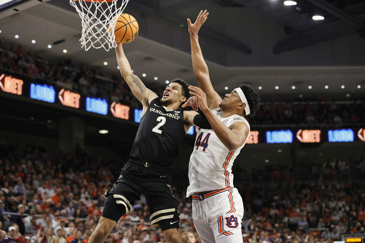 Feb 16, 2022; Auburn, Alabama, USA; Vanderbilt Commodores guard Scotty Pippen Jr. (2) takes a shot against Auburn Tigers center Dylan Cardwell (44) during the first half at Auburn Arena. Mandatory Credit: John Reed-USA TODAY Sports