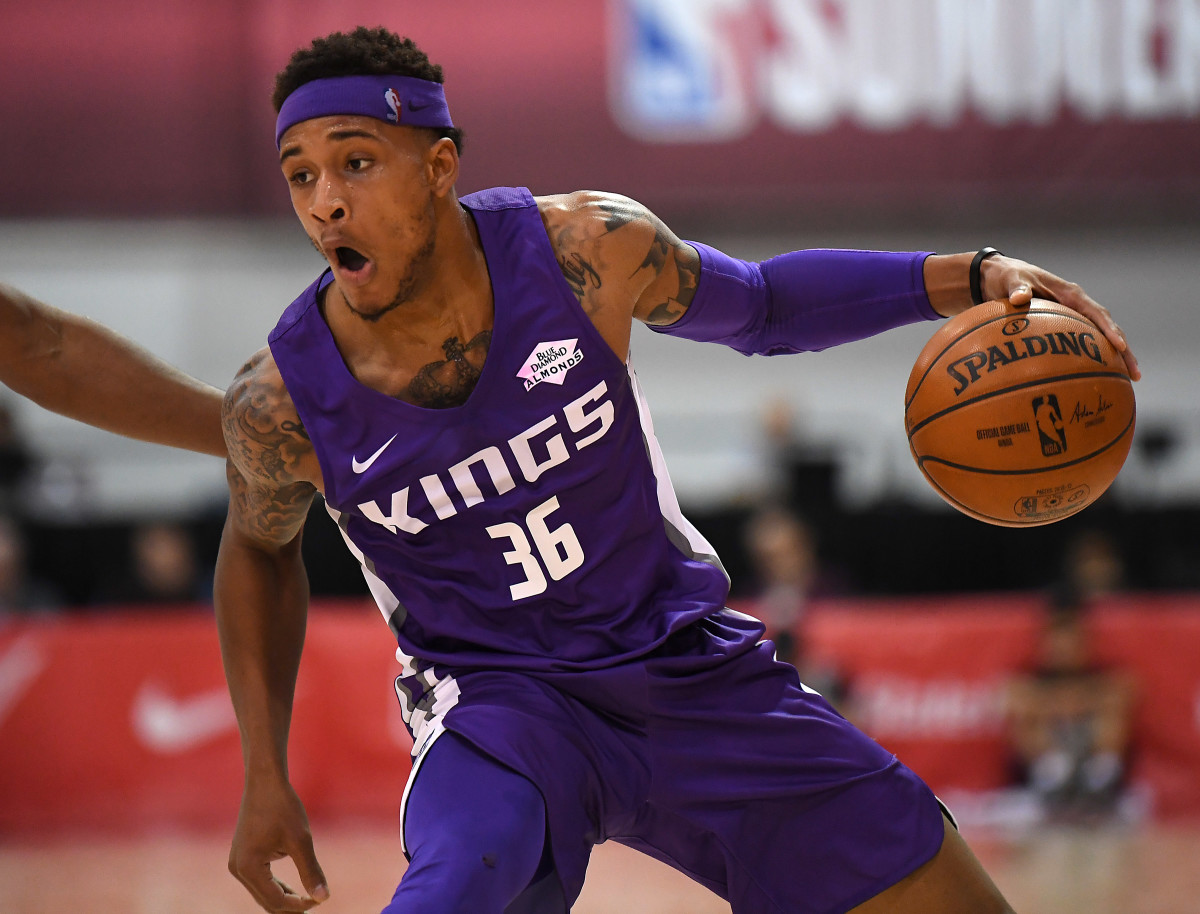 Jul 11, 2019; Las Vegas, NV, USA; Sacramento Kings guard Bryce Brown (36) dribbles during the first half of an NBA Summer League game against the Los Angeles Clippers at Cox Pavilion. Mandatory Credit: Stephen R. Sylvanie-USA TODAY Sports