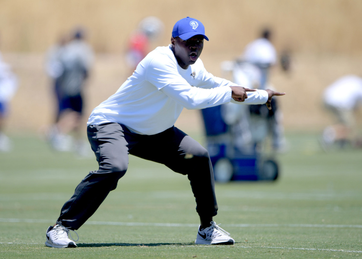 May 22, 2017; Thousand Oaks, CA, USA; Los Angeles Rams safeties coach Ejiro Evero reacts during organized team activities at Cal Lutheran University. Mandatory Credit: Kirby Lee-USA TODAY Sports