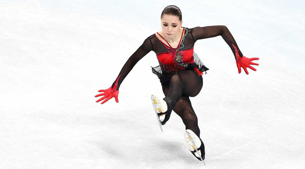 Kamila Valieva performing her free skate during the women’s individual figure skating event.