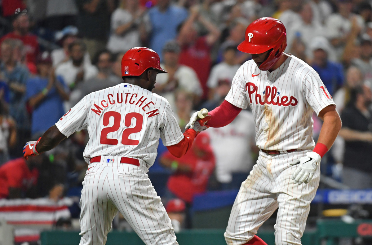 Philadelphia Phillies Sluggers Andrew McCutchen and Rhys Hoskins Celebrate a Home Run