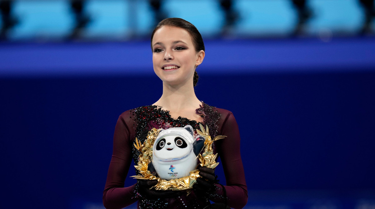Gold medalist, Anna Shcherbakova, of the Russian Olympic Committee, poses during a venue ceremony after the women's free skate program during the figure skating competition at the 2022 Winter Olympics, Thursday, Feb. 17, 2022, in Beijing.
