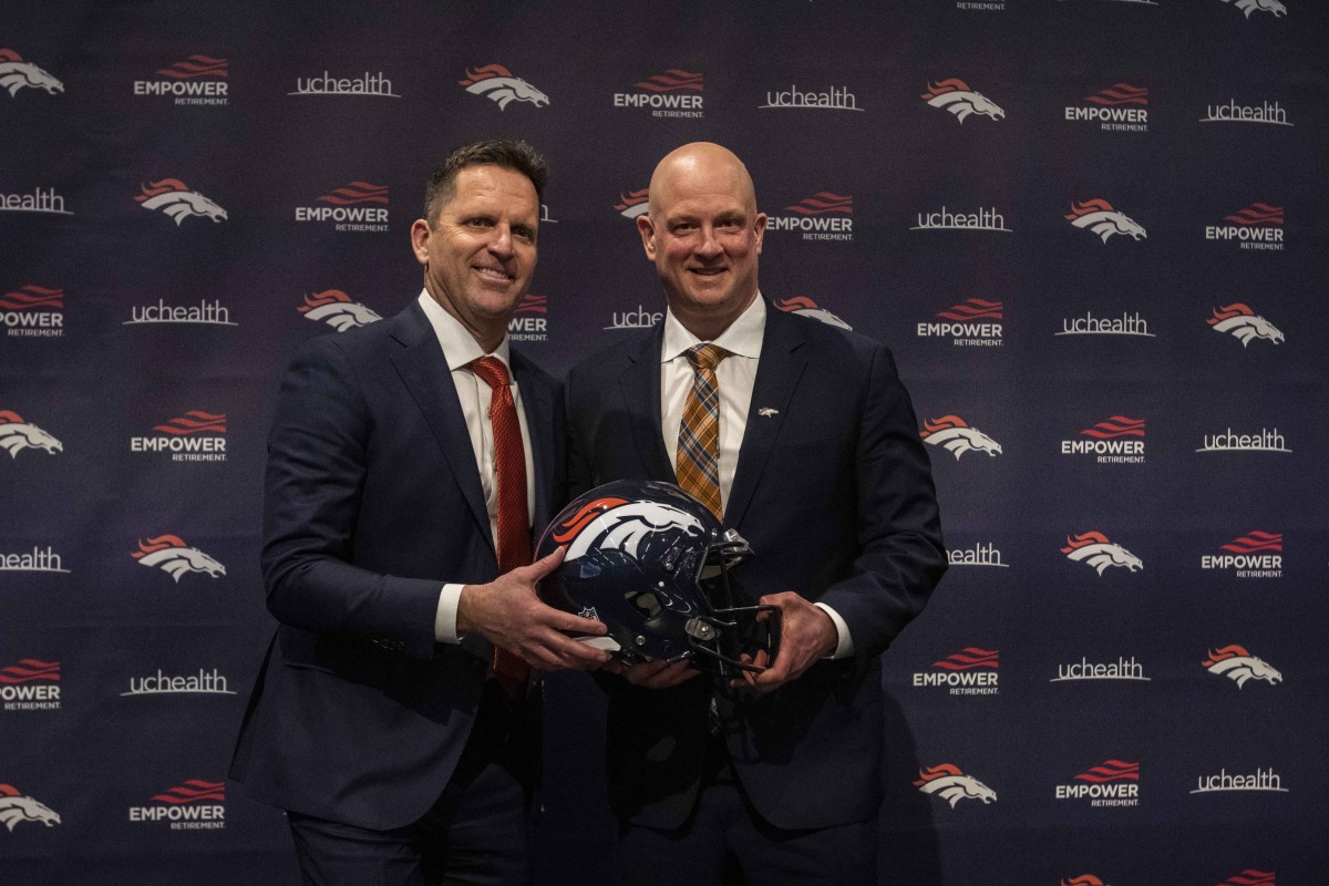 Denver Broncos GM George Paton with Nathaniel Hackett after announcing him as the club s head coach at a press conference at UC Health Training Center.