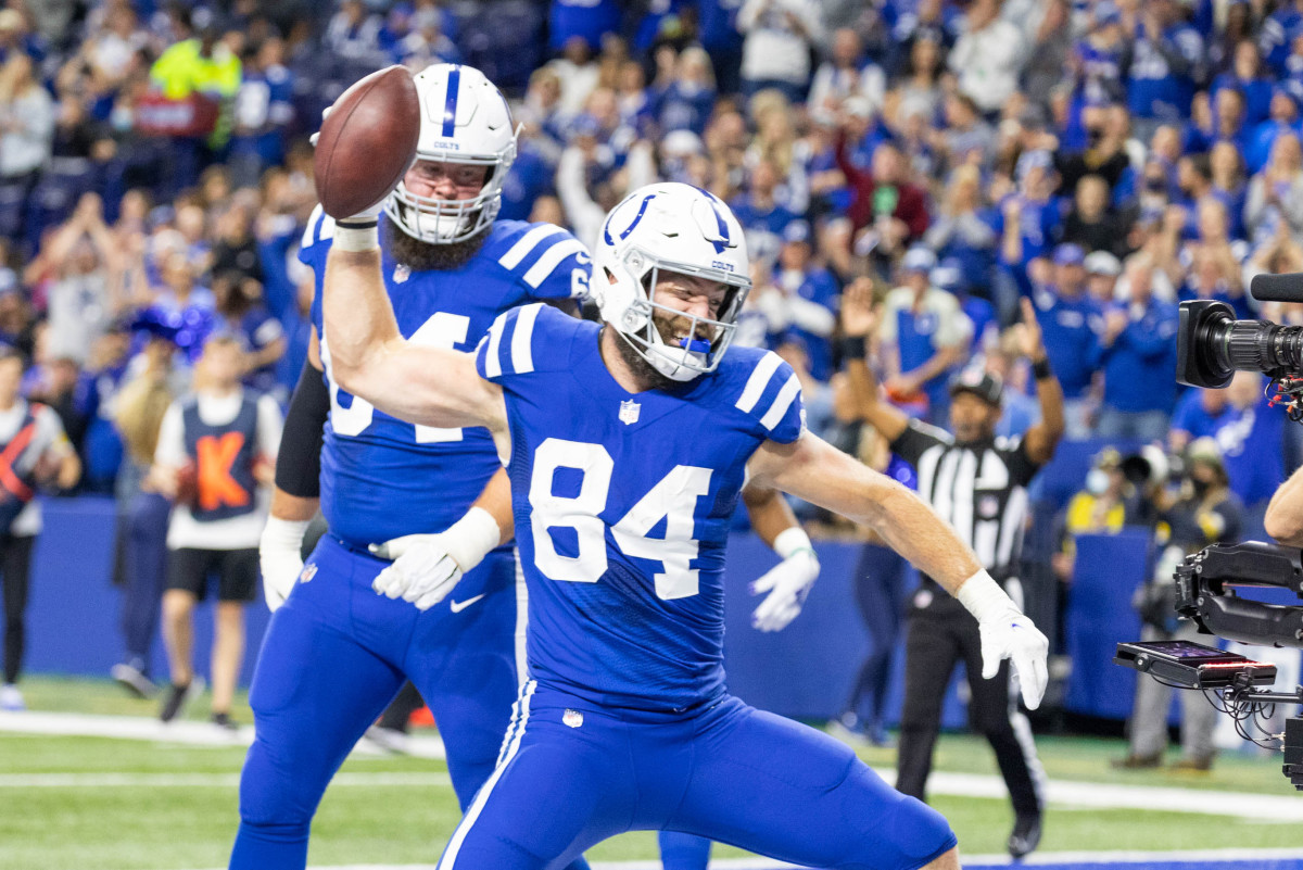 Nov 4, 2021; Indianapolis, Indiana, USA; Indianapolis Colts tight end Jack Doyle (84) celebrates his touchdown in the second quarter against the New York Jets at Lucas Oil Stadium. Mandatory Credit: Trevor Ruszkowski-USA TODAY Sports