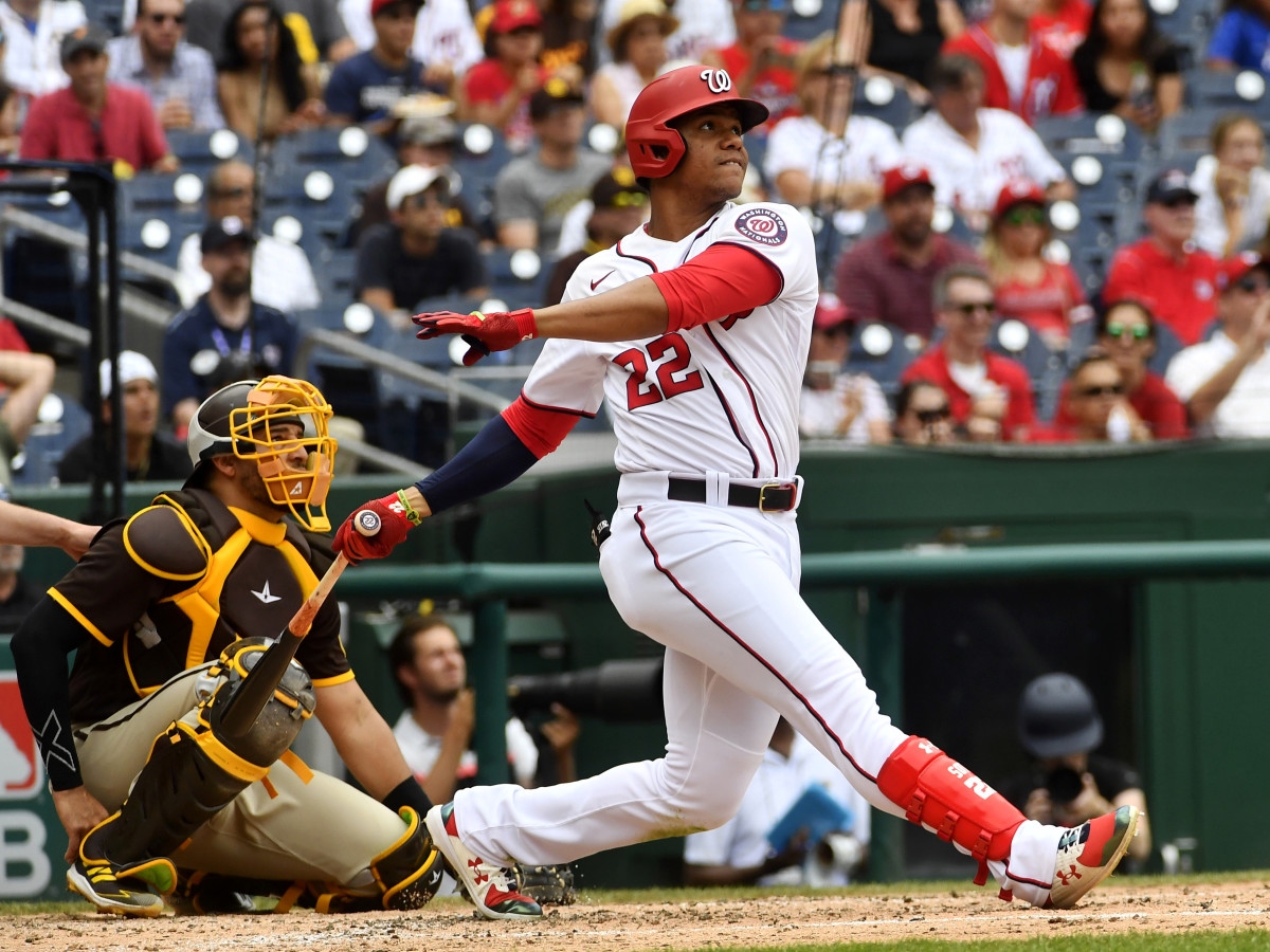 Jul 18, 2021; Washington, District of Columbia, USA; Washington Nationals left fielder Juan Soto (22) bats against the San Diego Padres in the ninth inning after resuming play from last night's suspended game at Nationals Park.