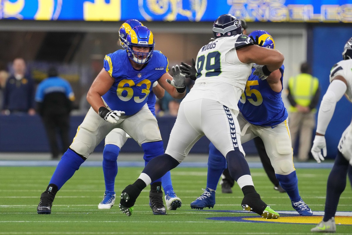 Los Angeles Rams guard Austin Corbett blocks against Seattle Seahawks