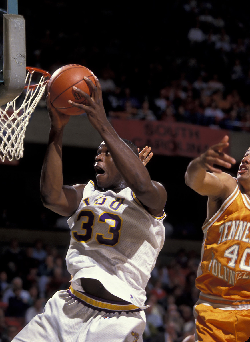 LSU Tigers center Shaquille O'Neal in action against the Tennessee Volunteers during the 1992 SEC Championship at the Birmingham Jefferson Civic Center.