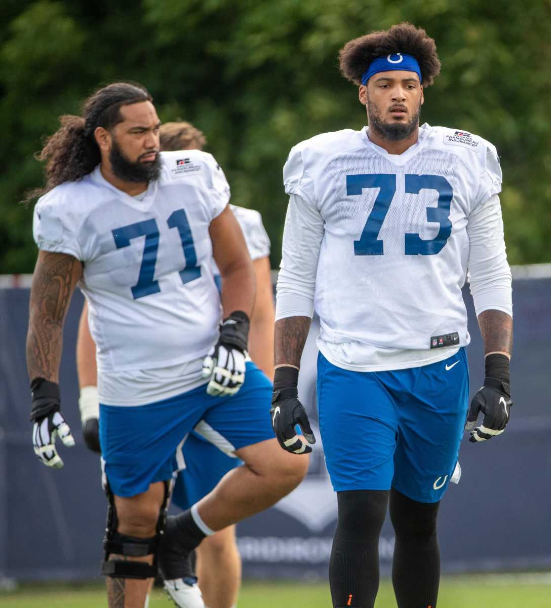 Indianapolis Colts offensive tackle Sam Tevi (71) and Indianapolis Colts offensive tackle Julien Davenport (73) at Grand Park in Westfield on Monday, August 10, 2021, on the third week of workouts of this summer's Colts training camp. Wentz Back At Colts Camp