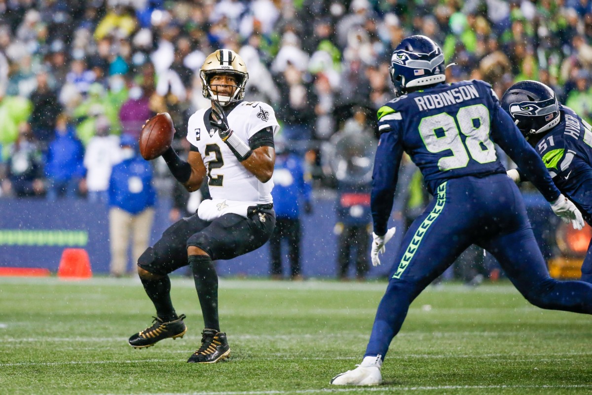 New Orleans Saints quarterback Jameis Winston (2) looks to pass against the Seattle Seahawks. Mandatory Credit: Joe Nicholson-USA TODAY 