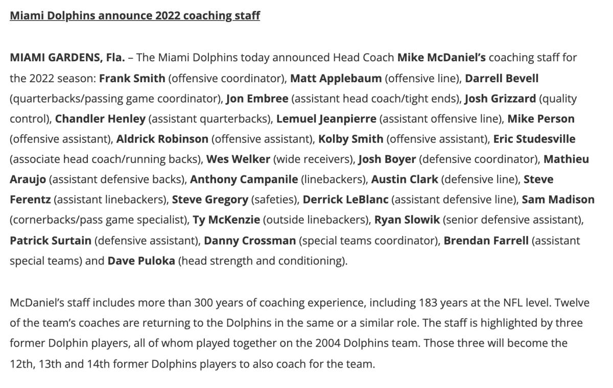 2022 Miami Dolphins Coach Staff Press Release