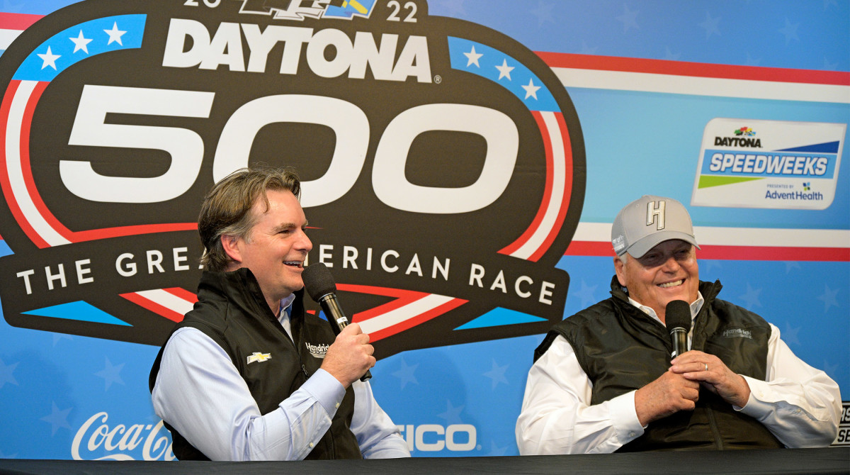 Car owners Jeff Gordon, left, and Rick Hendrick answer questions during a news conference before two NASCAR Daytona 500 qualifying auto races at Daytona International Speedway, Thursday, Feb. 17, 2022, in Daytona Beach, Fla.