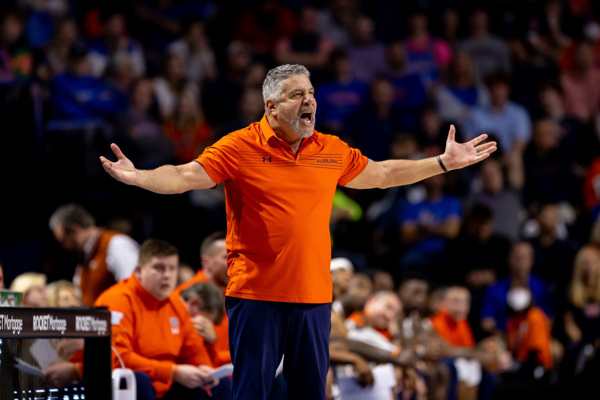 Feb 19, 2022; Gainesville, Florida, USA; Auburn Tigers head coach Bruce Pearl screams during the second half against the Florida Gators at Billy Donovan Court at Exactech Arena. Mandatory Credit: Matt Pendleton-USA TODAY Sports