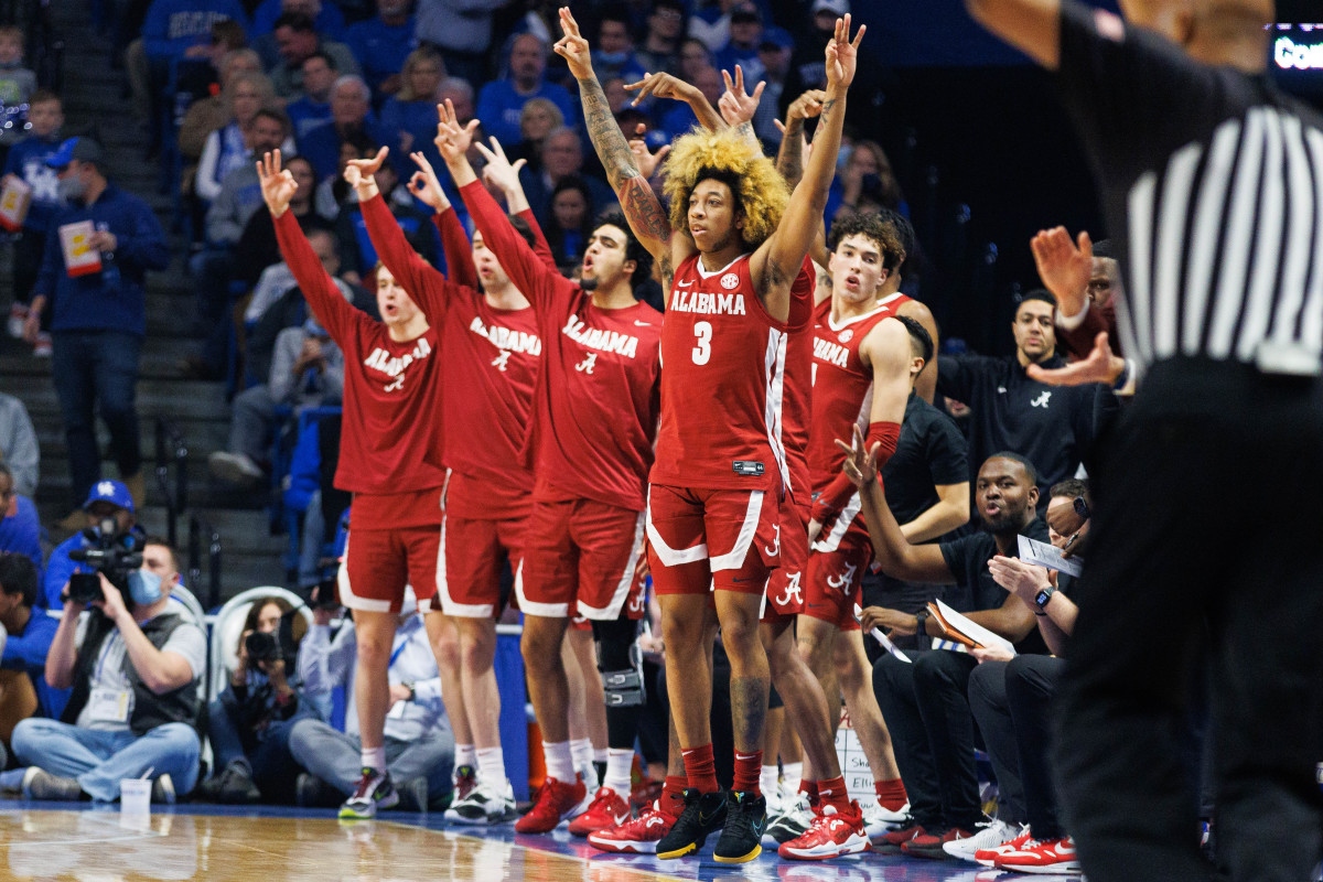 Alabama Crimson Tide guard JD Davison (3) and teammates celebrate from the bench during the first half against the Kentucky Wildcats at Rupp Arena at Central Bank Center.