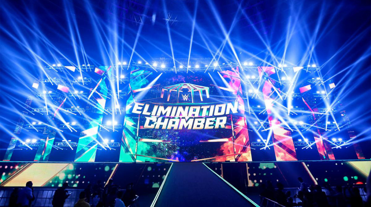 The backdrop of the WWE Elimination Chamber was colorful and brightly lit.