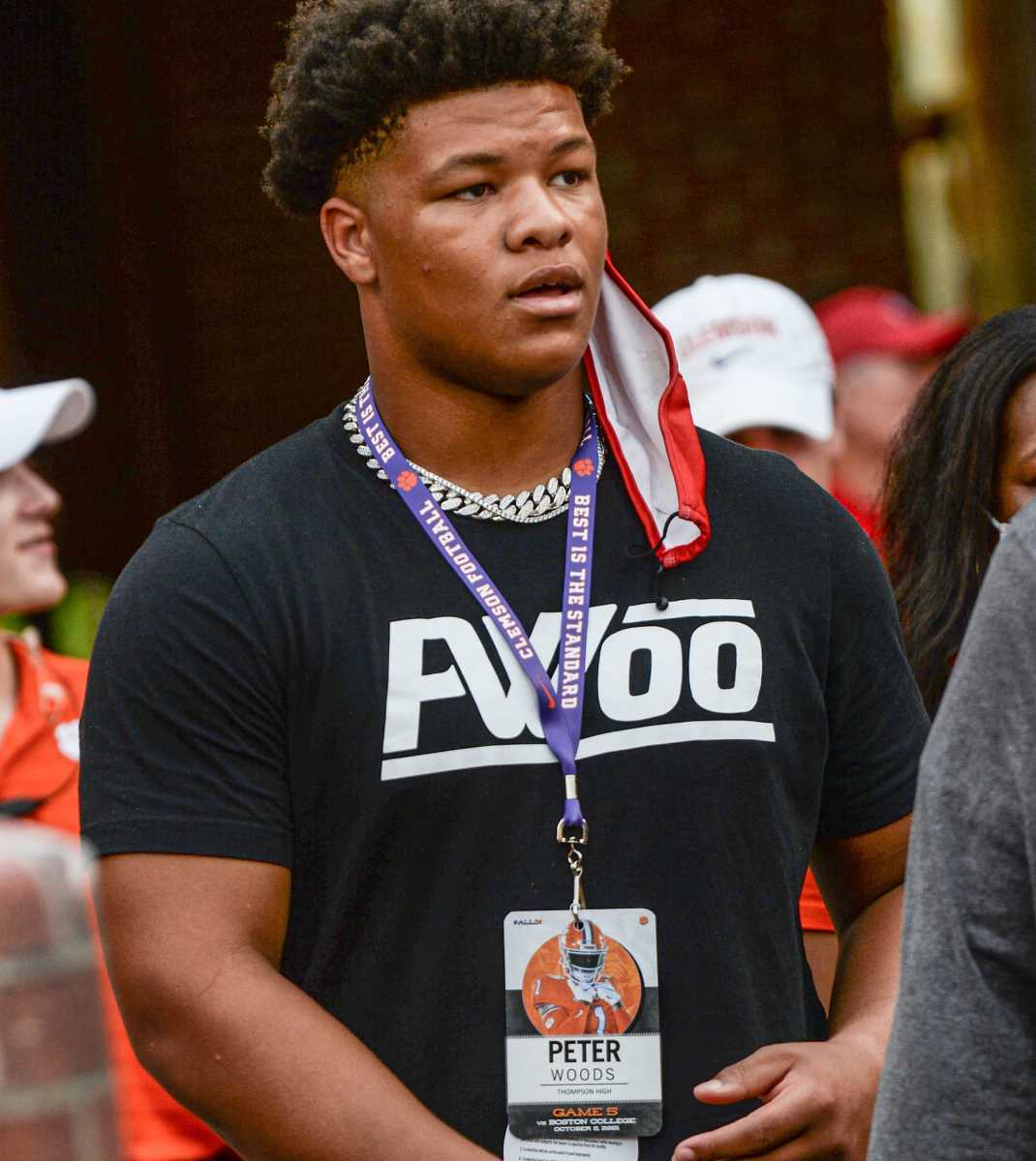 Peter Woods, a 2023 defensive lineman from Alabaster, Alabama, before the game with Clemson and Boston College in Clemson, S.C. Saturday, October 2, 2021.