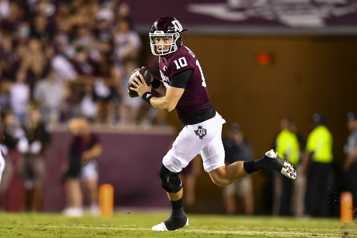 Oct 23, 2021; College Station, Texas, USA; Texas A&M Aggies quarterback Zach Calzada (10) throws the ball during the first quarter against the South Carolina Gamecocks at Kyle Field. Mandatory Credit: Maria Lysaker-USA TODAY Sports