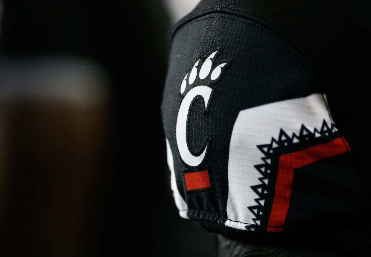 Sep 5, 2015; Cincinnati, OH, USA; A detailed view of the Cincinnati Bearcats logo on a jersey at Nippert Stadium. The Bearcats won 52-10. Mandatory Credit: Aaron Doster-USA TODAY Sports